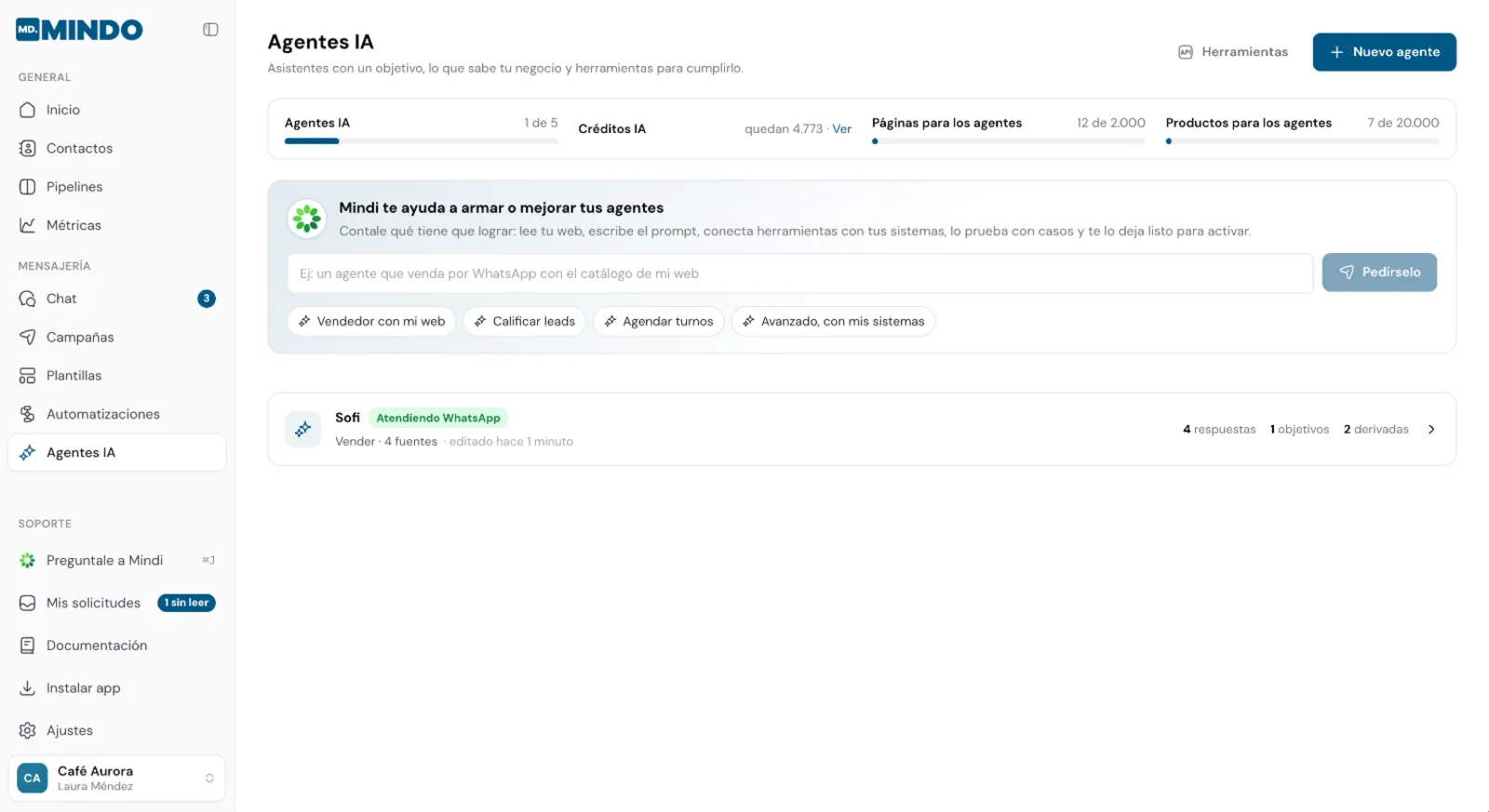 Agentes IA con Sofi atendiendo WhatsApp: Vender, 4 fuentes, 5 respuestas, 3 objetivos y 1 derivada; arriba los contadores de agentes, respuestas del mes, páginas y productos