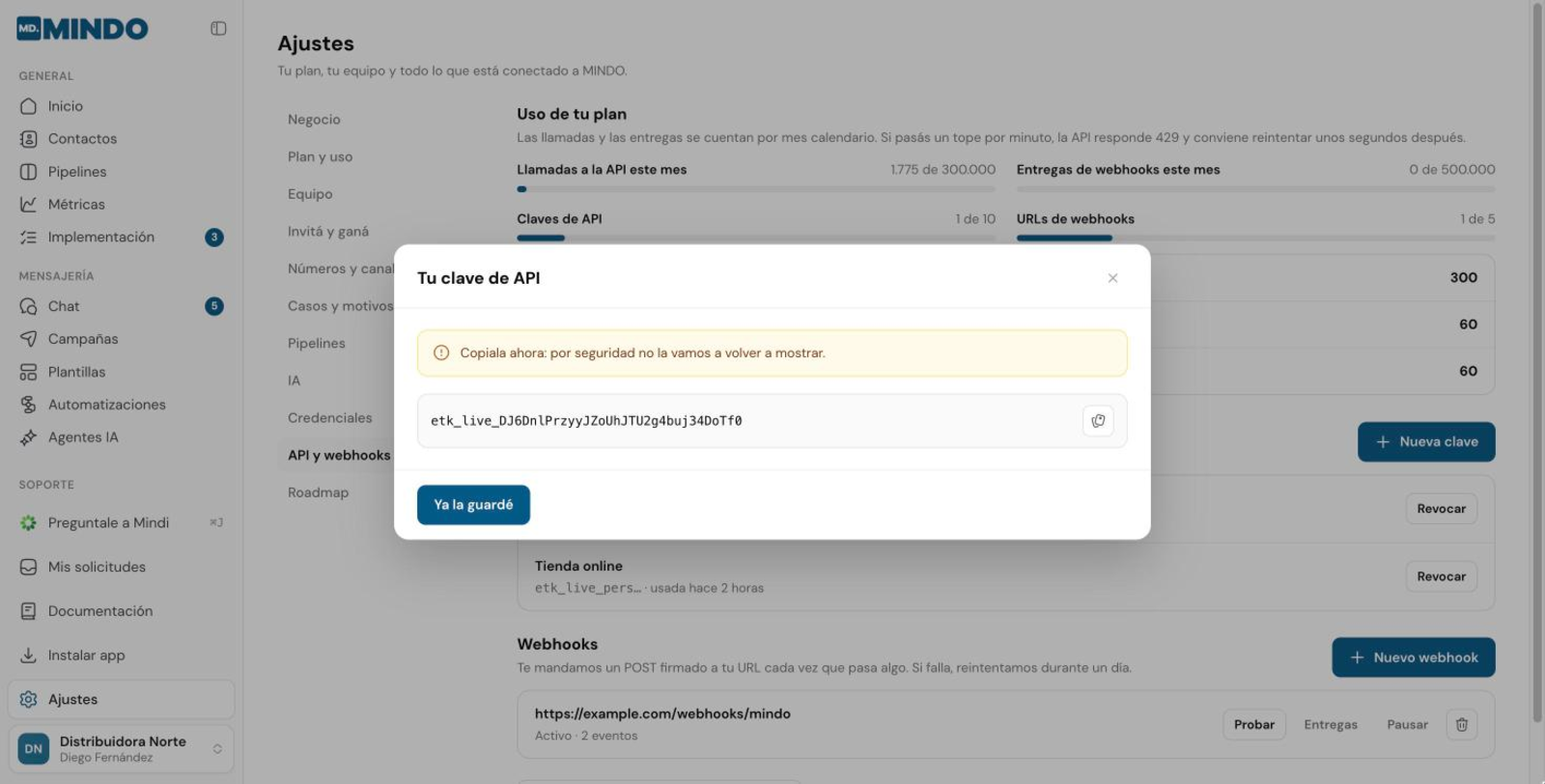 Diálogo Tu clave de API mostrando la clave completa una sola vez