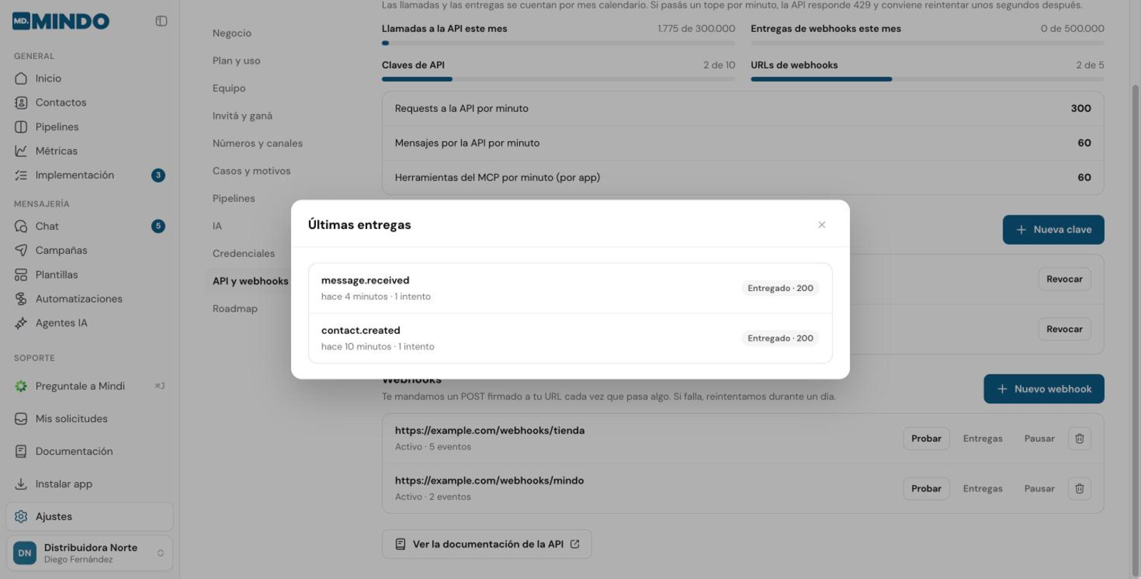 Historial de entregas de un webhook