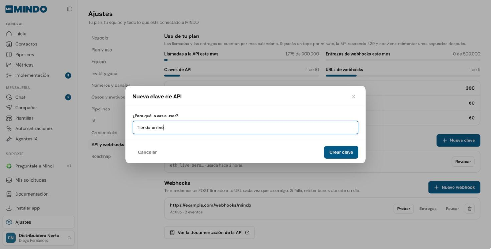 Diálogo Nueva clave de API con el nombre Tienda online