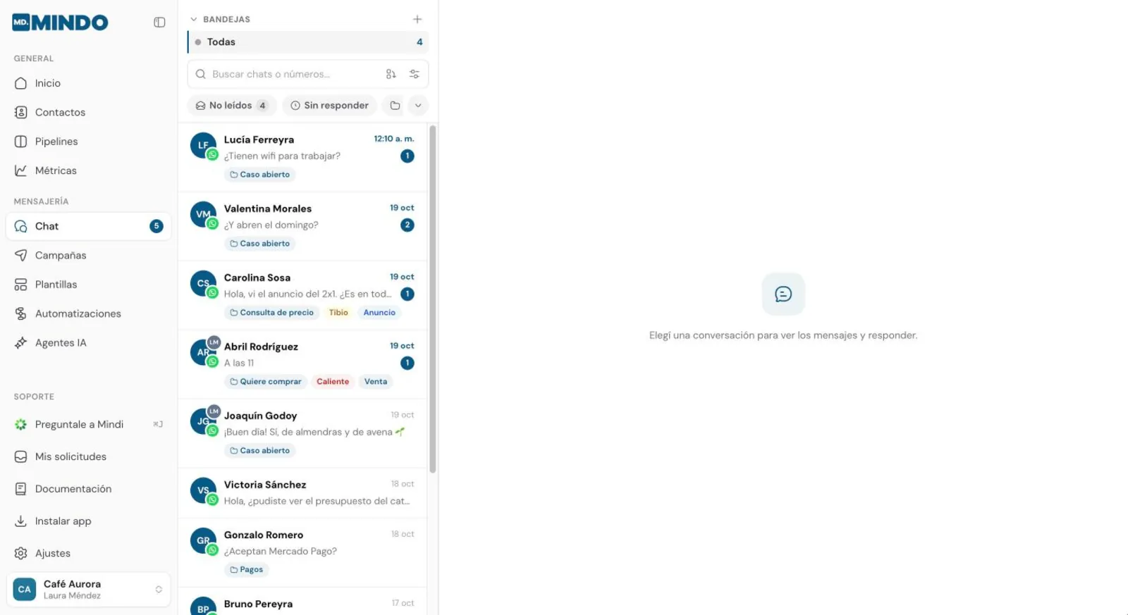 Bandeja de chat de MINDO con la lista de conversaciones a la izquierda