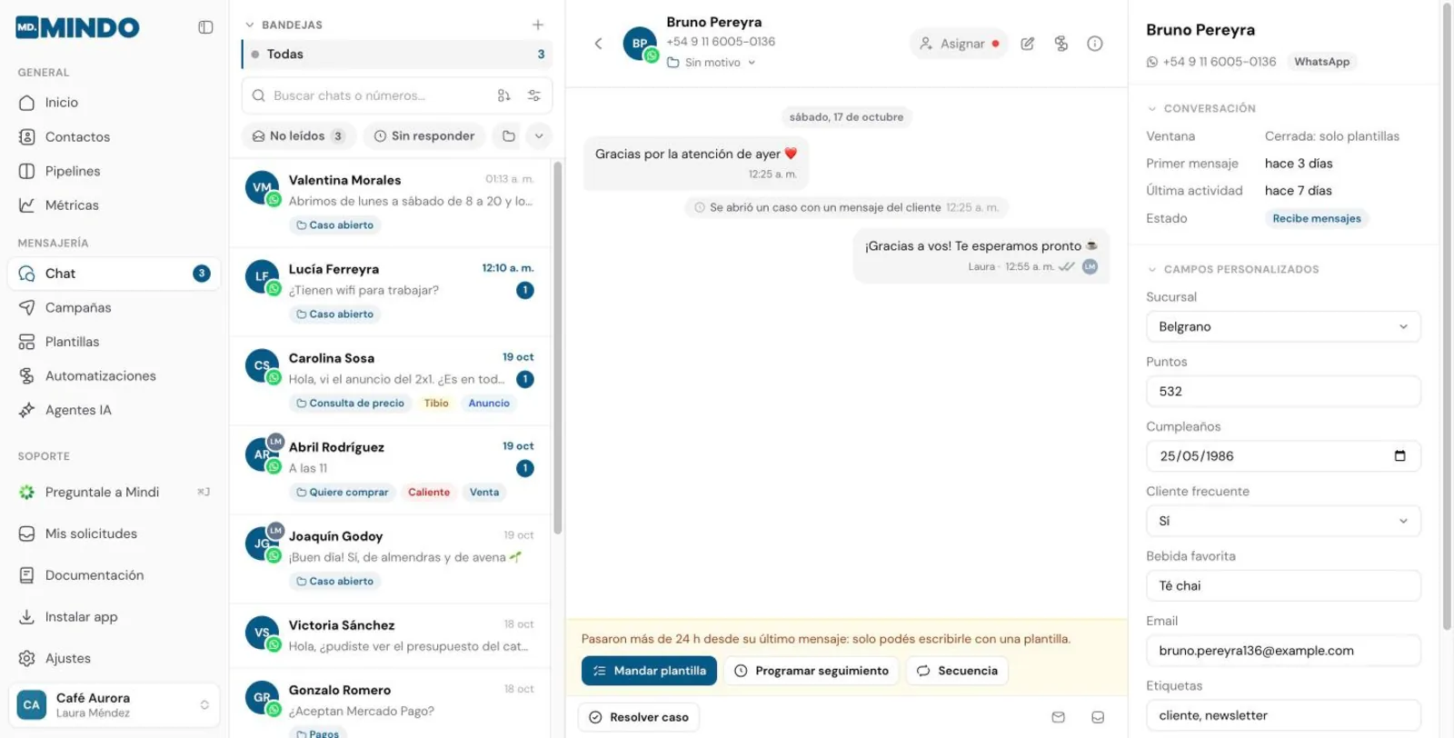 Conversación con la ventana de 24 horas cerrada y el botón Mandar plantilla