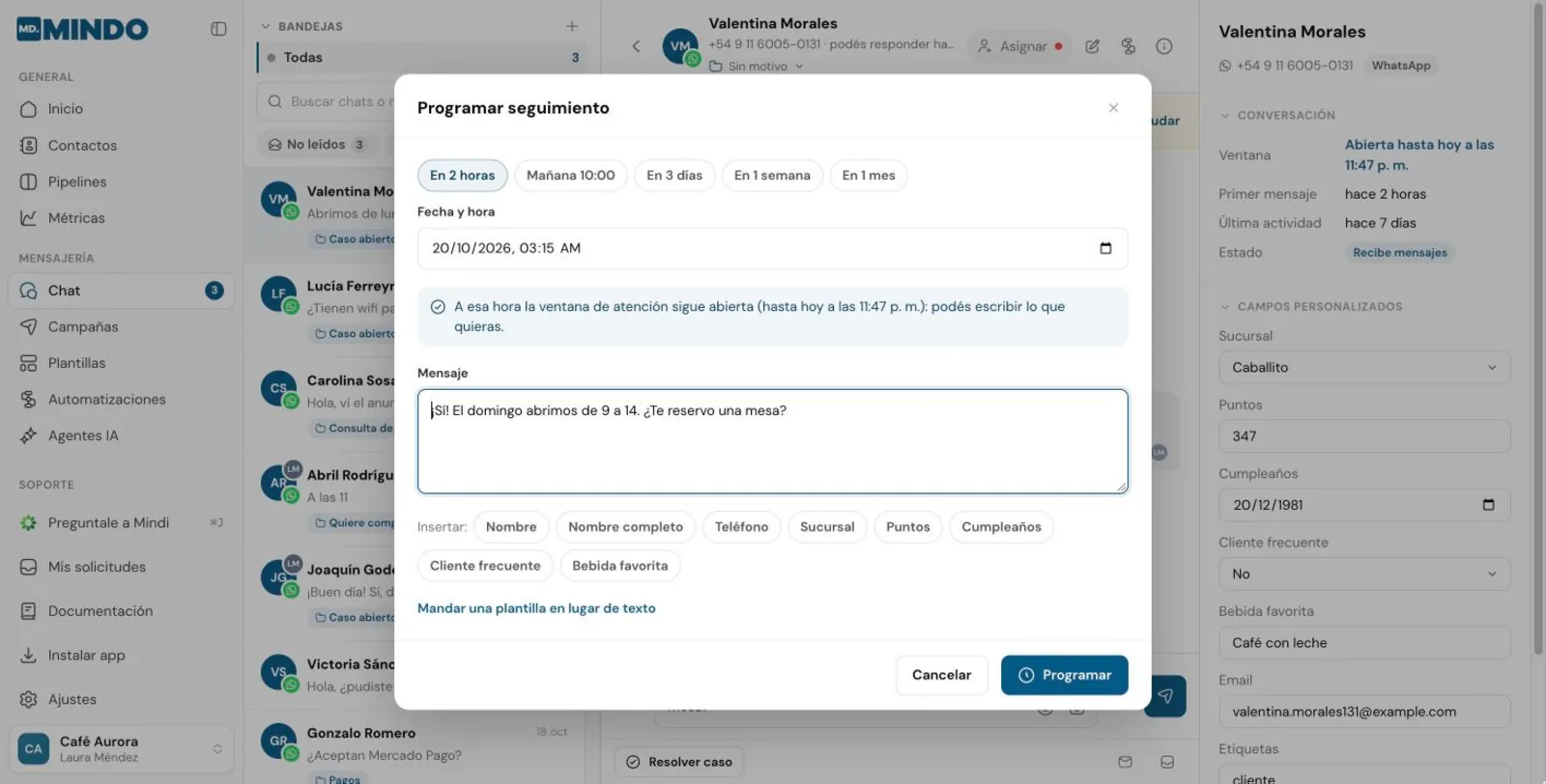 Diálogo Programar mensaje con atajos de horario