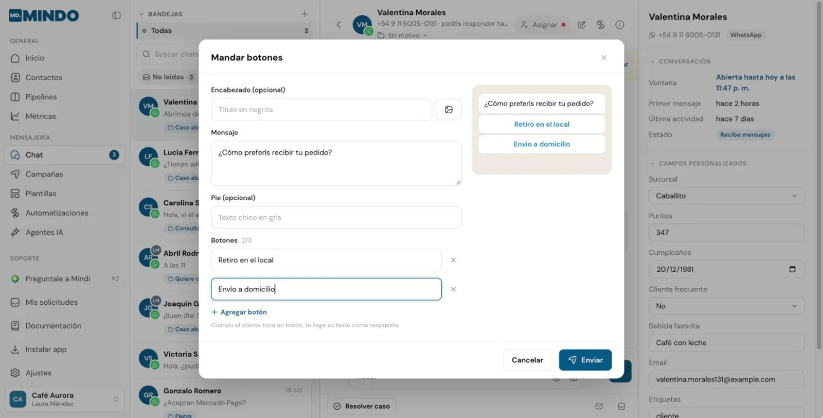 Diálogo Mandar botones con dos opciones y vista previa