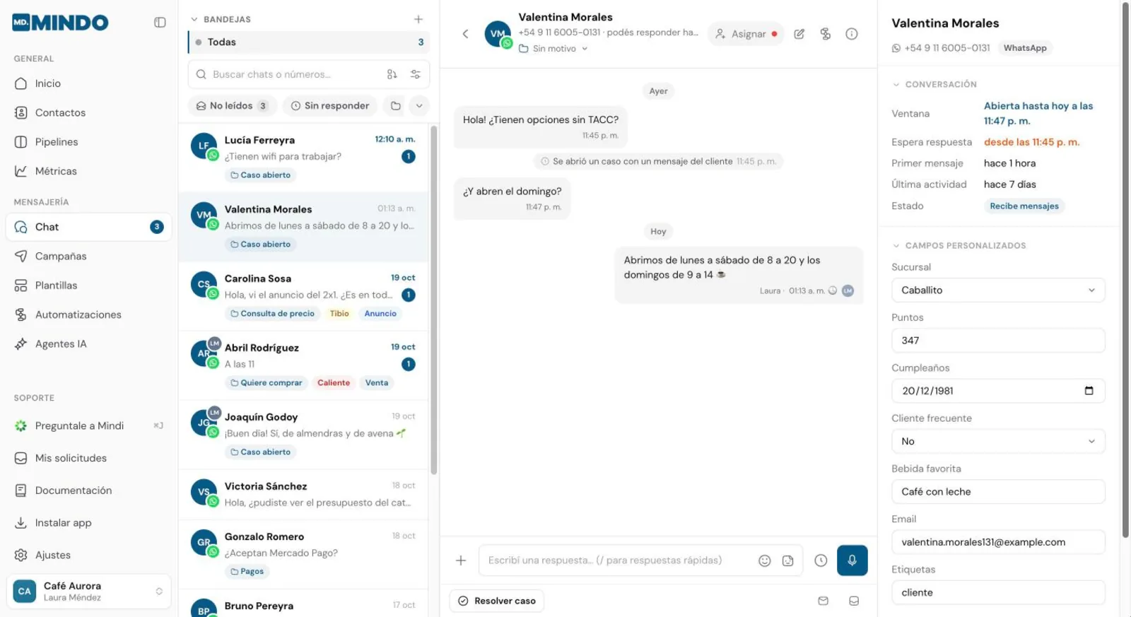 Respuesta enviada a Sofía con el nombre de la agente