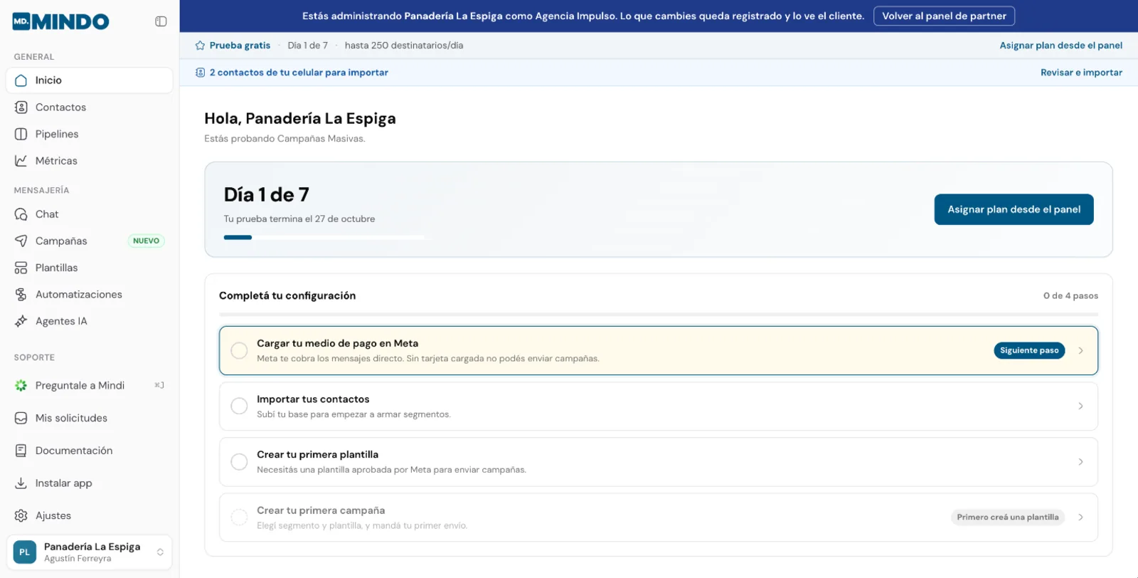 Inicio de la cuenta del cliente con la barra de partner y los pasos de configuración