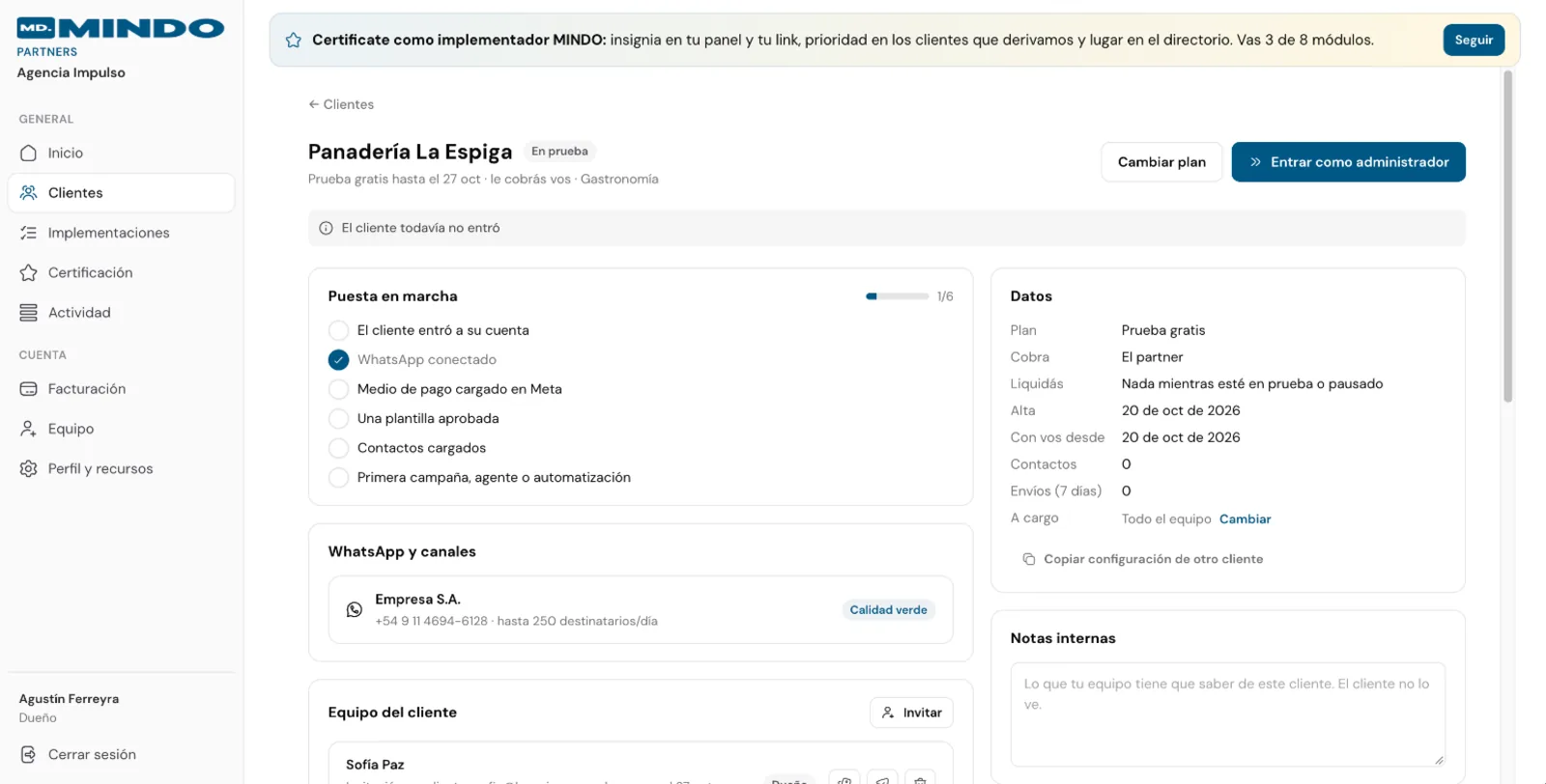 Ficha del cliente con el WhatsApp conectado en la puesta en marcha