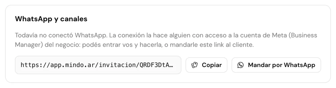 Link de conexión del cliente con los botones Copiar y Mandar por WhatsApp