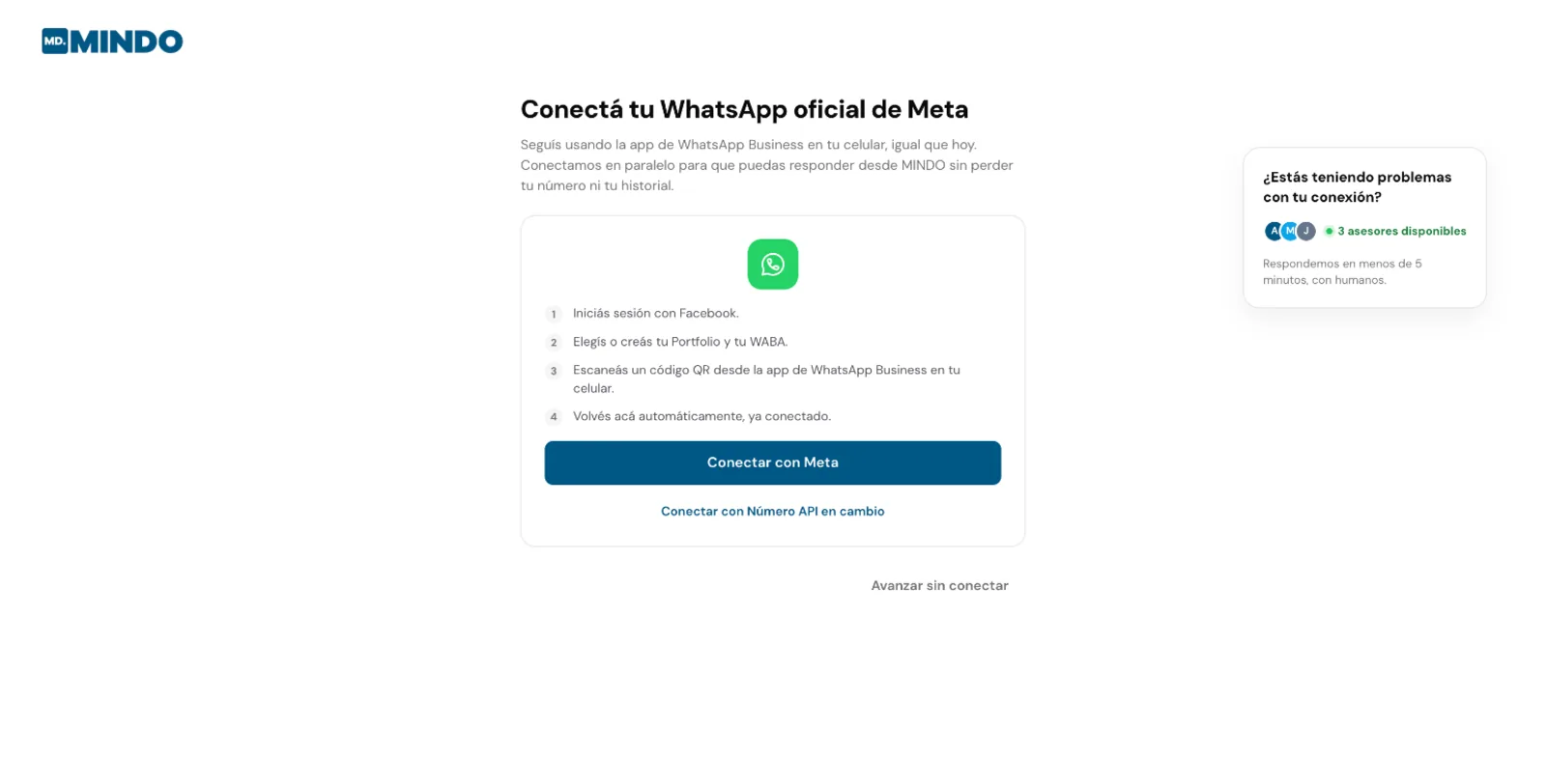 Pantalla para conectar el WhatsApp oficial de Meta