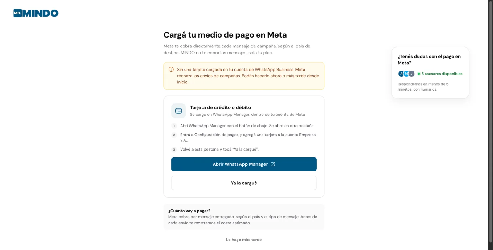 Pantalla para cargar el medio de pago en Meta