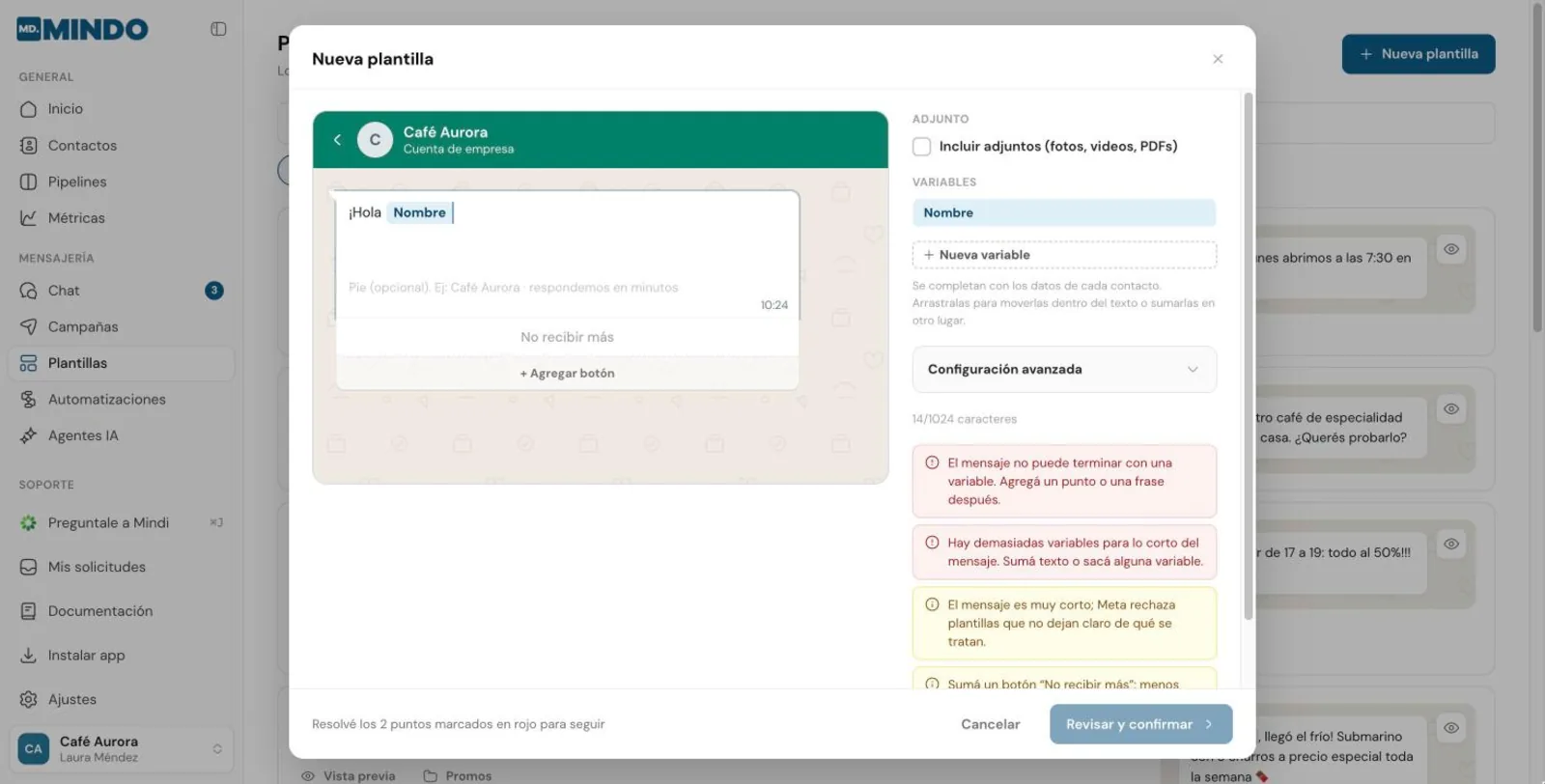 Editor de plantillas con dos errores: el mensaje no puede empezar ni terminar con una variable